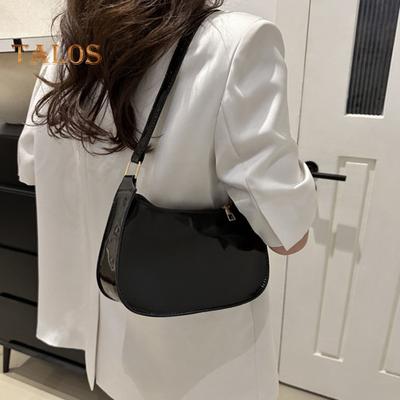 Retro Glossy Shoulder Bag Ladies Solid Color Faux Leather Underarm Bag Casual Hobo Purse Waterproof Handbag for Daily Life Travel Parties