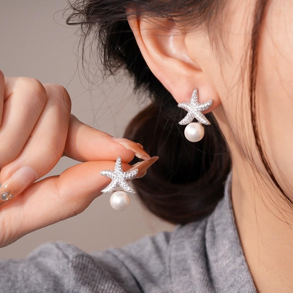 Ocean Style Starfish Starfish Pearl Stud Earrings Crystal Starfish Ear Studs  Girl Couple Gift