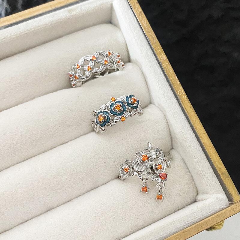 Flowers Are Like Brocade~ Medieval Vintage Hollow Zircon Flower Row Ring Opening Ring Enamel Light Luxury Noble Diamond