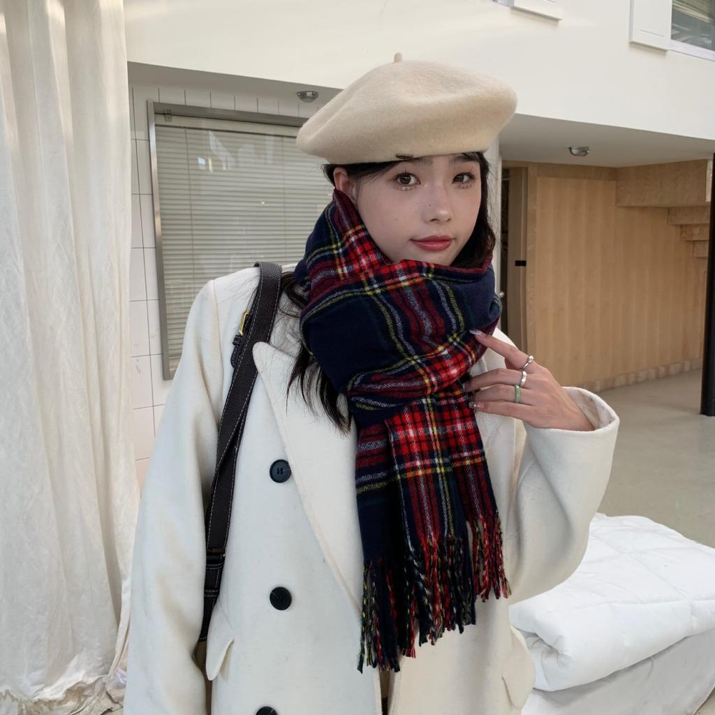 Korean Christmas Red Plaid Scarf for Women Winter Warm Retro High End New Year Gift Scarf Shawl for Students