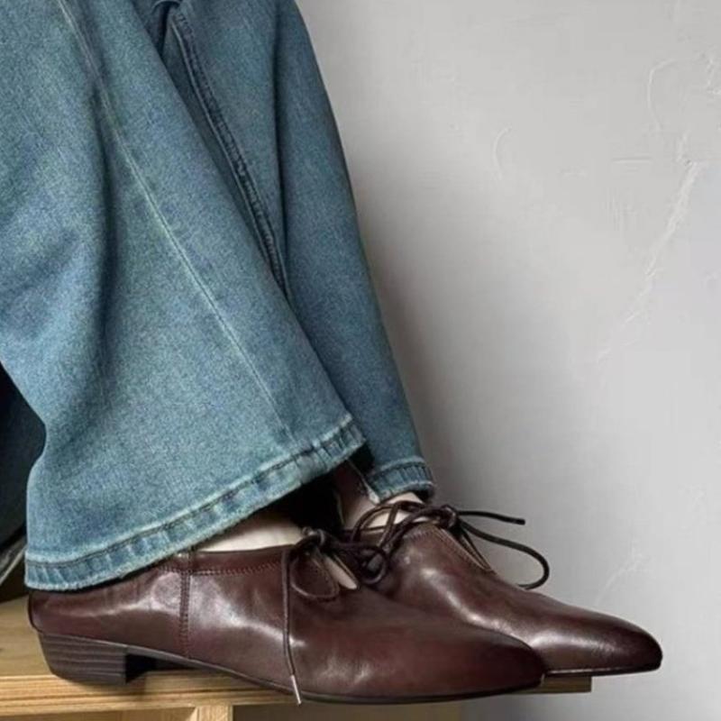 

2025 Весна Женские Натуральная Кожа Лоферы На Низком Каблуке Винтажные На Шнуровке Элегантные Комфортные Повседневные Туфли Женские 35-40 Одинарные Туфли 35 коричневый