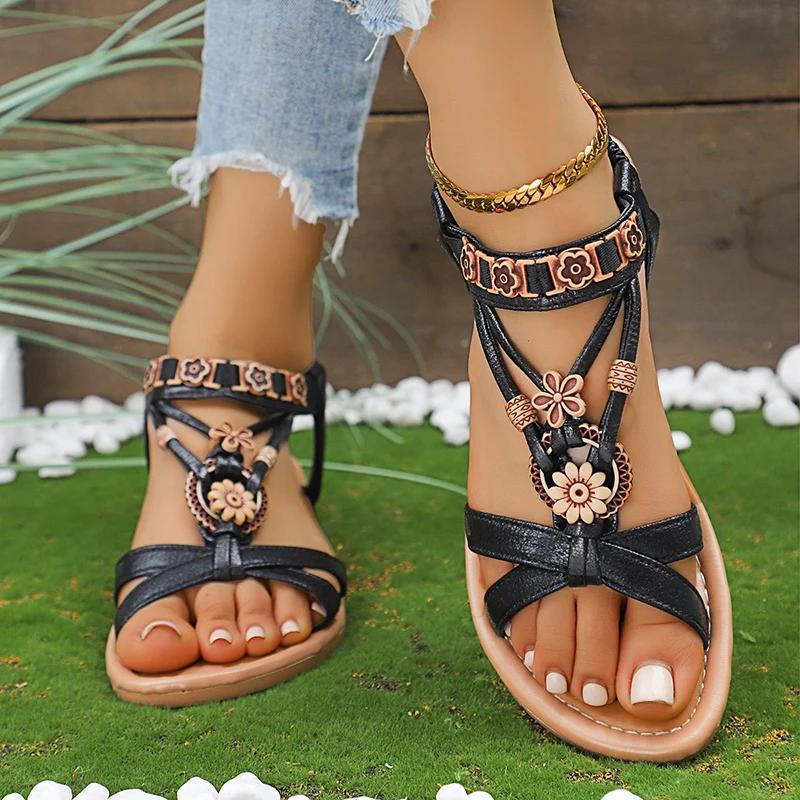 

Fashion Bohemian Flower Bead Flat Sandals Women Summer Non Slip Outdoor Beach Shoes Woman Fashion Slip On Vacation Sandalias Mujer 2025 36 чёрный