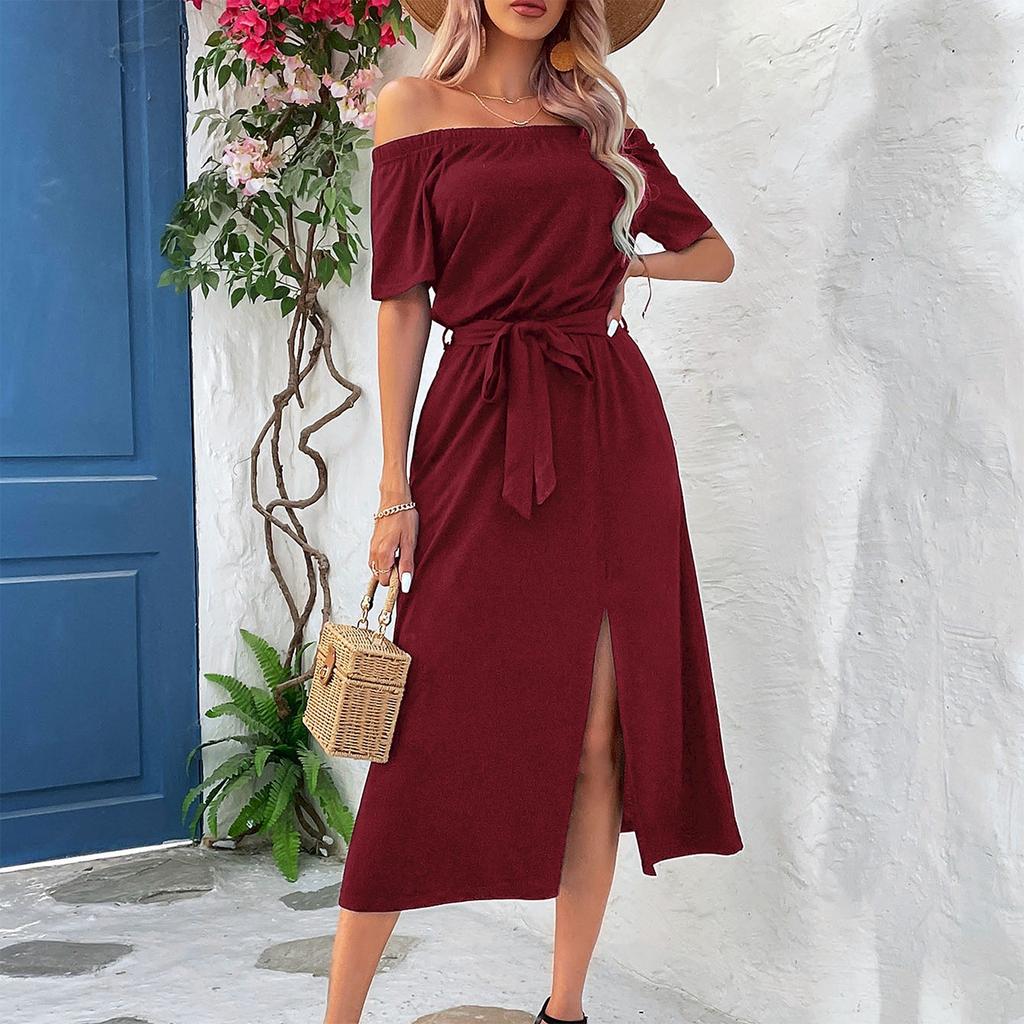 Women's Summer Elegant Off The Shoulder Short Sleeve One Line Neck Dress
