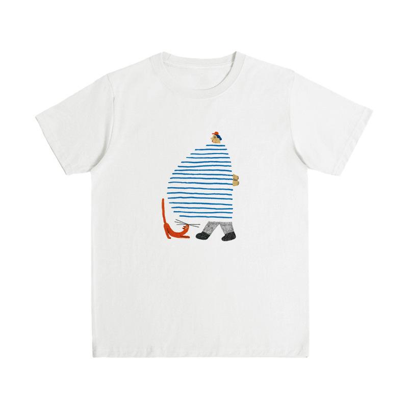 Large Size Women's Summer Front Shoulder Cartoon Printing Loose Crew Neck Inner Short Sleeve T-Shirt% Pure Cotton Bottom Top