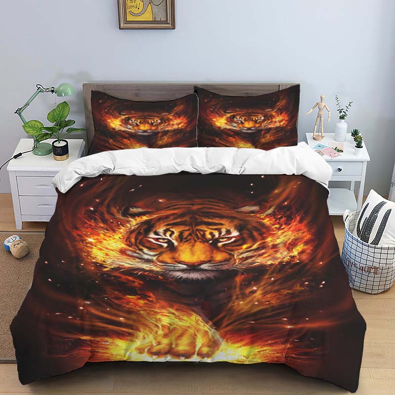 Blue Light Jungle White Tiger Animal Print Bedding Set (3-Piece) - Domineering White Tiger Pattern Duvet Cover and Pillowcase Se