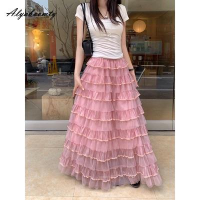 Fairycore Frühling Sommer Damen Maxilanger Rock Elastischer Bund Braun Rosa Beige Schichtrock mit Rüschen Romantischer Fee Prinzessin Femininer Rock