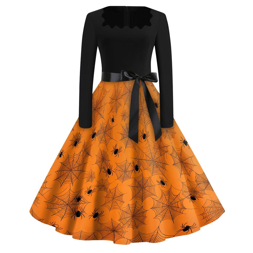 Women's Casual Vintage Halloween Dress Long Sleeve Square Neck Fit and Flare Midi Dress with Printed Skirt and Waist Tie