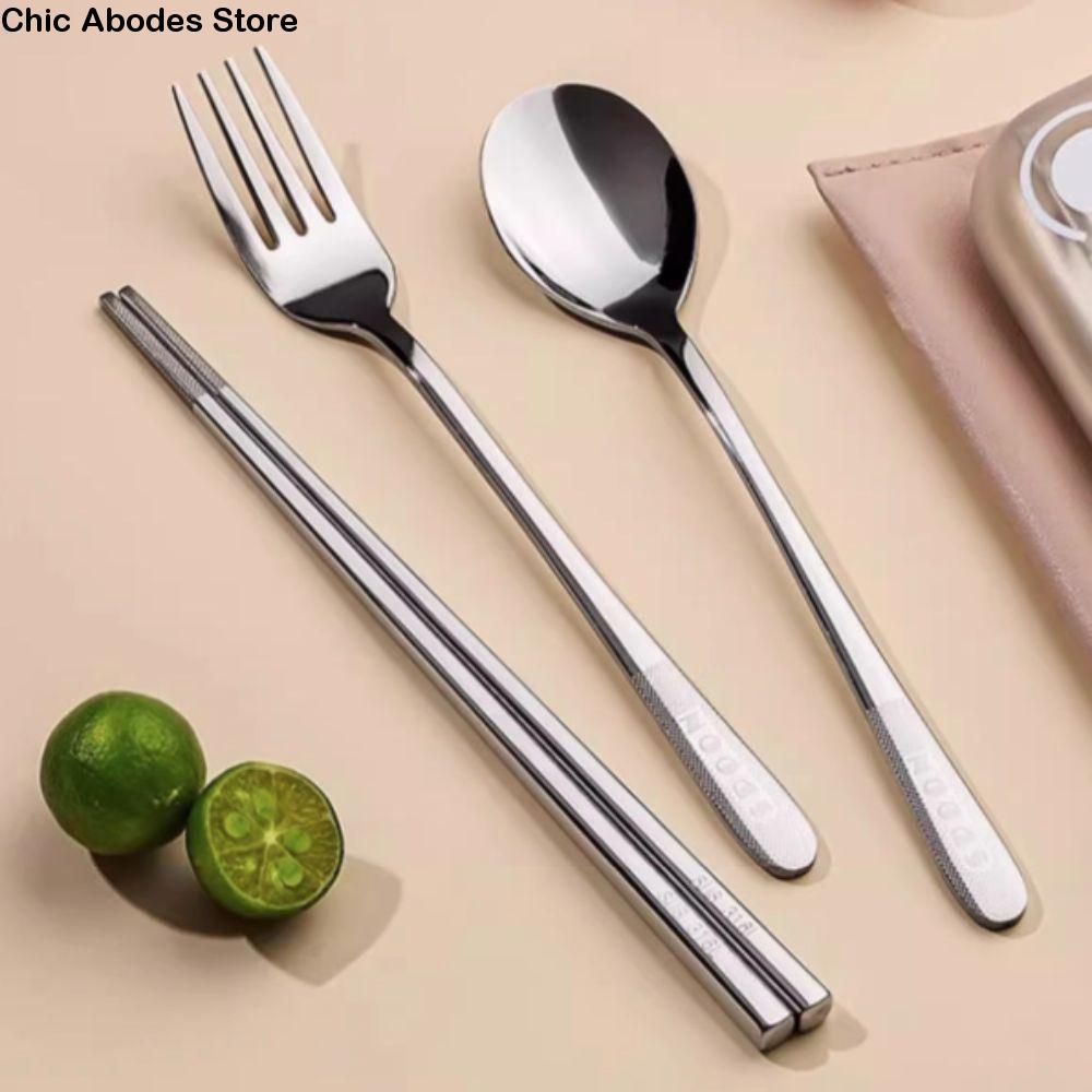 3 Pcs/Set 304 Stainless Steel Travel Cutlery Set with Storage Box Anti-slip Student Tableware Set Reusable Rust-proof