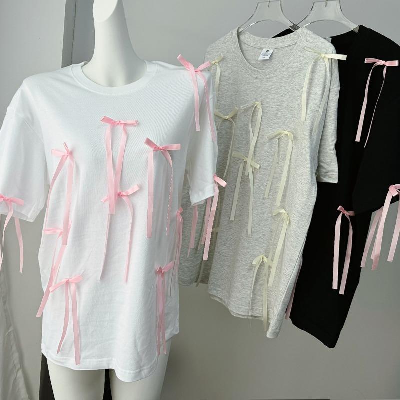 Summer New Design Three-dimensional Bow Decoration Versatile Mid-length T-shirt for Women