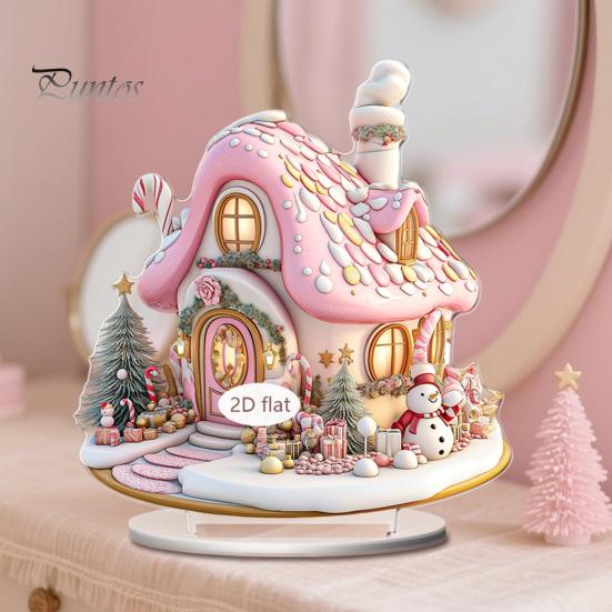 Acrylic Holiday Ornaments for Home Decor 2D Christmas Tree Figurine, Dreamy Floral Candy House Tabletop Showcase Ornaments, Centerpiece Office