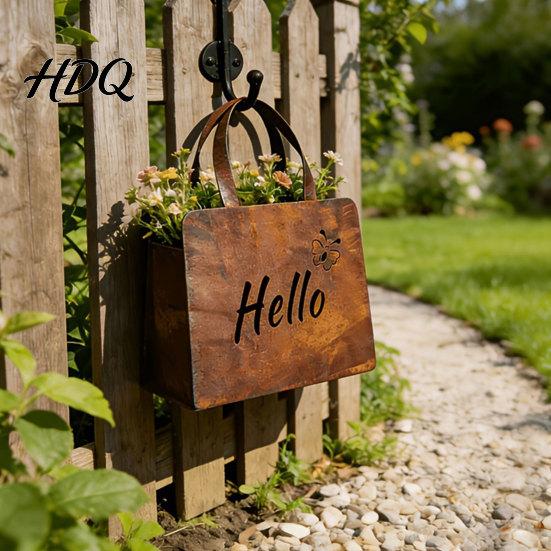 Mini Flower Box Handbag Planter Rustic Metal Purse with Curved Handle Double-Sided Hello Vintage Iron Pot Welcome Design Farmhouse Garden Decor for