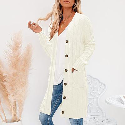 Women Sweater Cardigan V-neck Long Sleeve Twist Texture Knitting Tops with Pockets Solid Color Button-Up Knitting Jacket