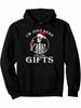 Funny Skeleton Santa Claus Hoodie I'Here the Gifts Graphic Pullover Sweatshirt with Red Accents Long Sleeve Casual Hooded Sweatshi