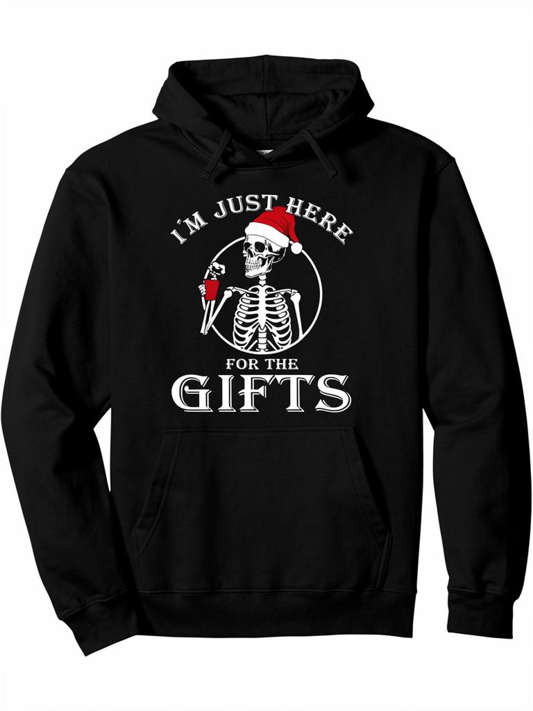 Funny Skeleton Santa Claus Hoodie I'Here the Gifts Graphic Pullover Sweatshirt with Red Accents Long Sleeve Casual Hooded Sweatshi