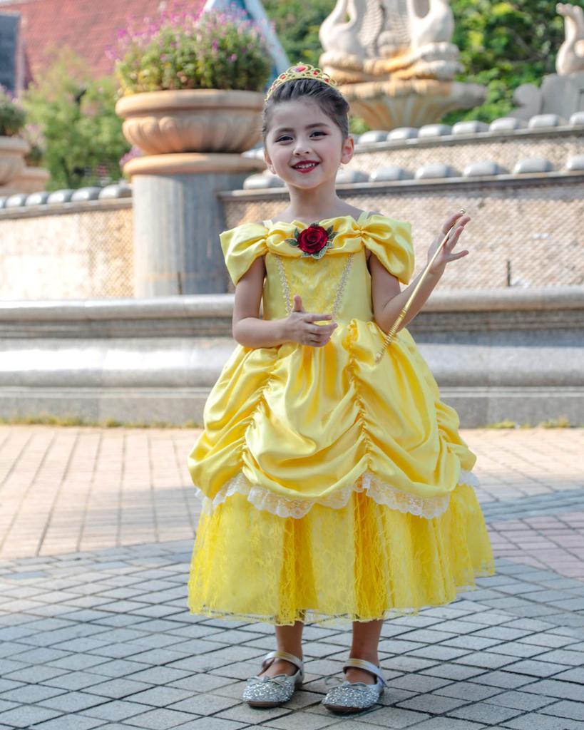 Princess Bell Kids and the Beast Dress Luxurious Kids Yellow Stage Birthday Present [CQDY] Dress, Children's Dress, (Beauty + Tiara, etc.), 7-piece