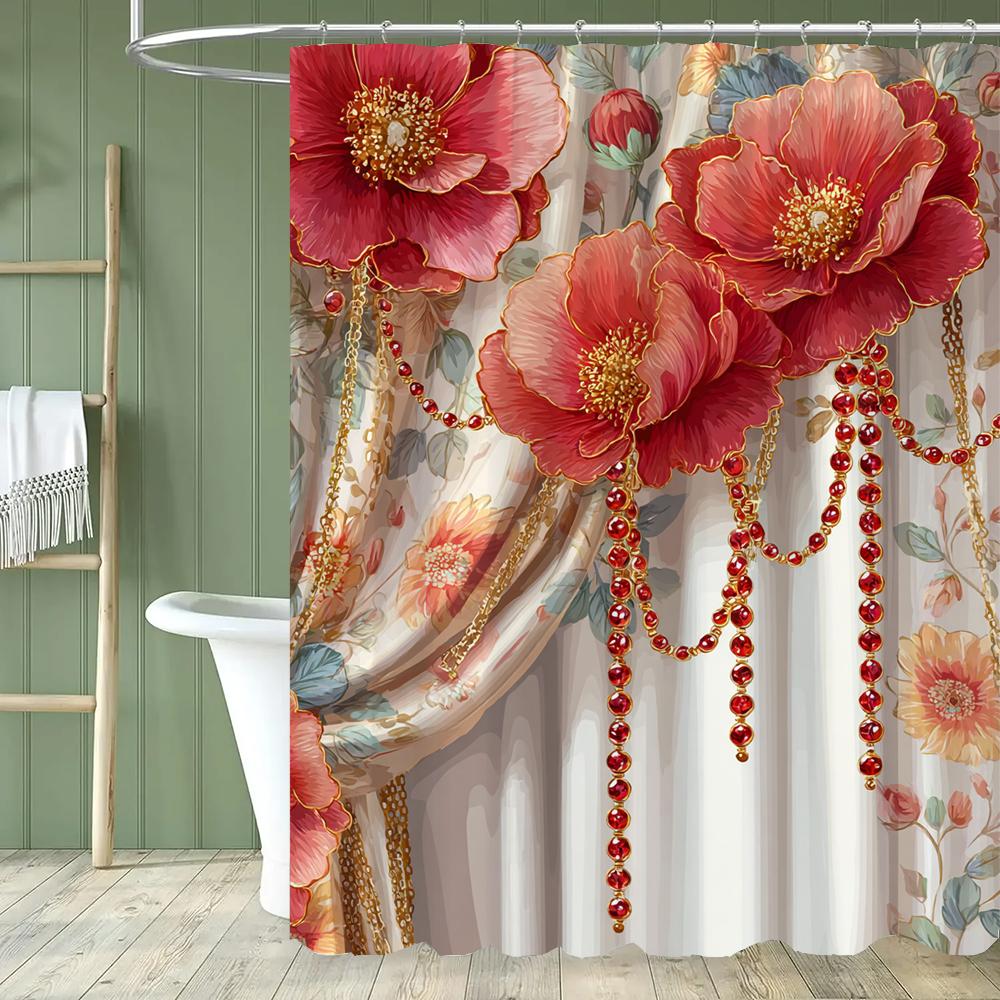 1 Piece Imitation Of European Flower Style Shower Curtain, Bathroom Curtain With Hooks,Printed Polyester Home Decorative Curtain