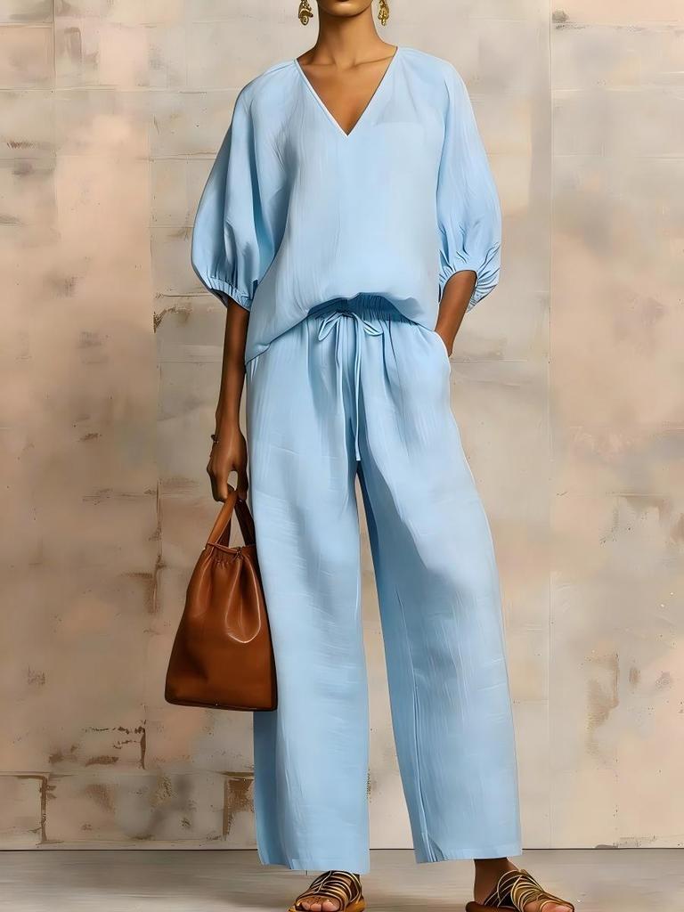 New Arrival Minimalist Solid Color Loose V-Neck Casual Chic Two-Piece Set