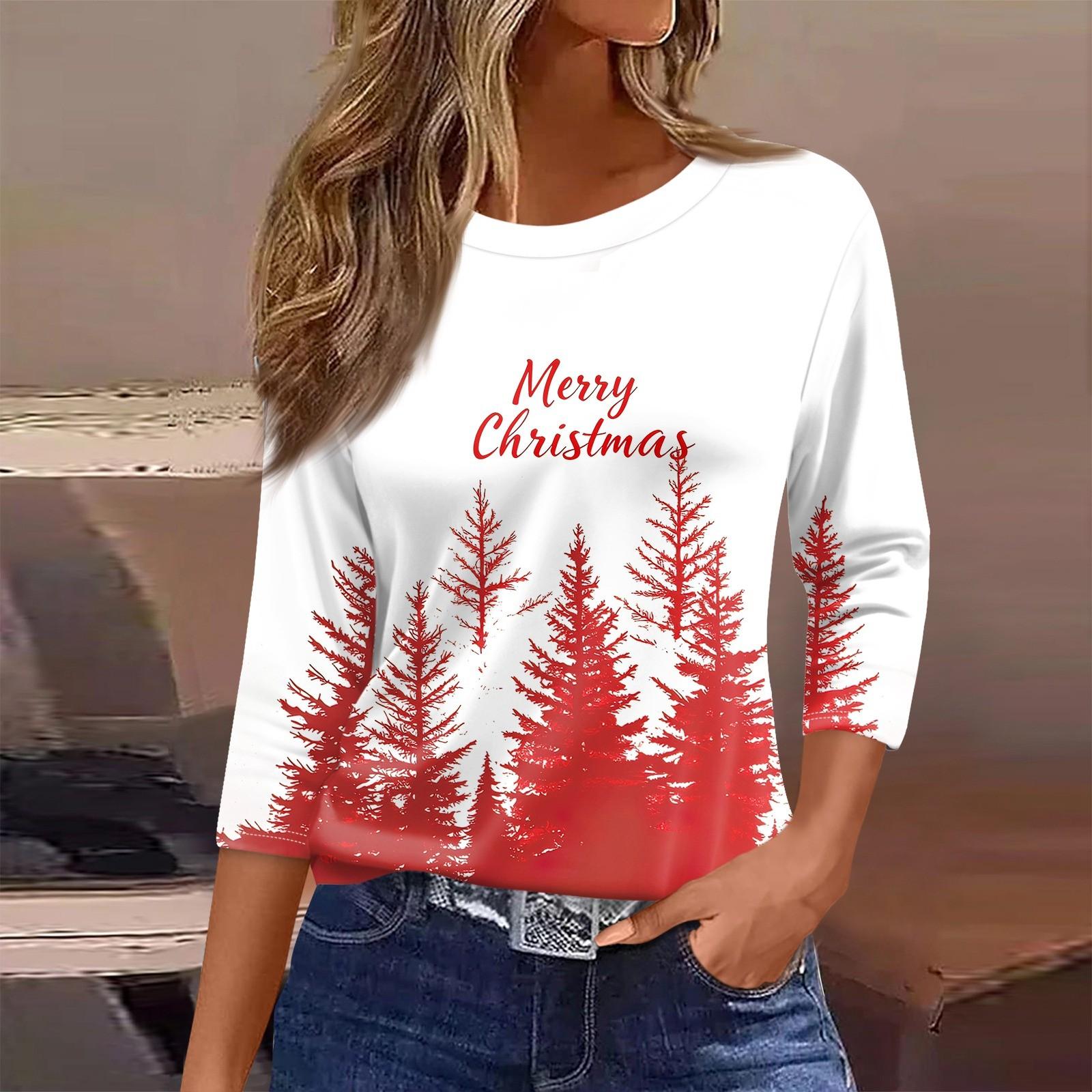 

Женская футболка с рождественским принтом, рукав 3/4, повседневная, модная, на выходные, базовая, с круглым вырезом, стандартный топ XL