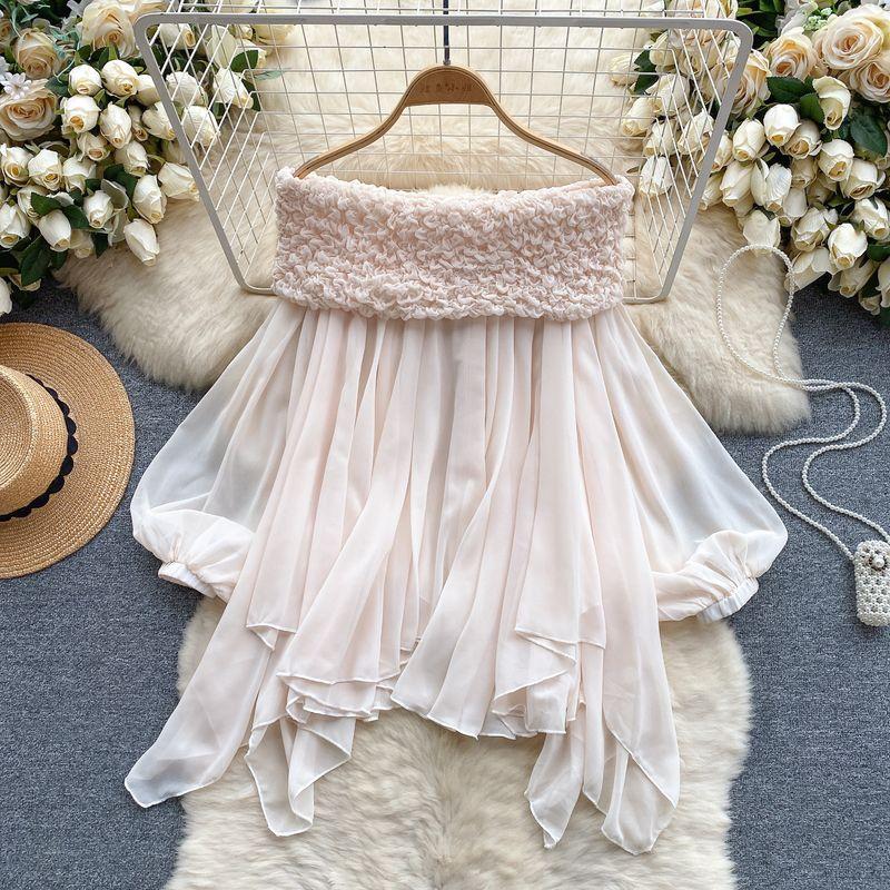 Fairy Top Super Fairy Sweet Heavy Industry Ruched off-Shoulder off-Shoulder Pure French Style Puff Sleeves Asymmetrical Chiffon Shirt