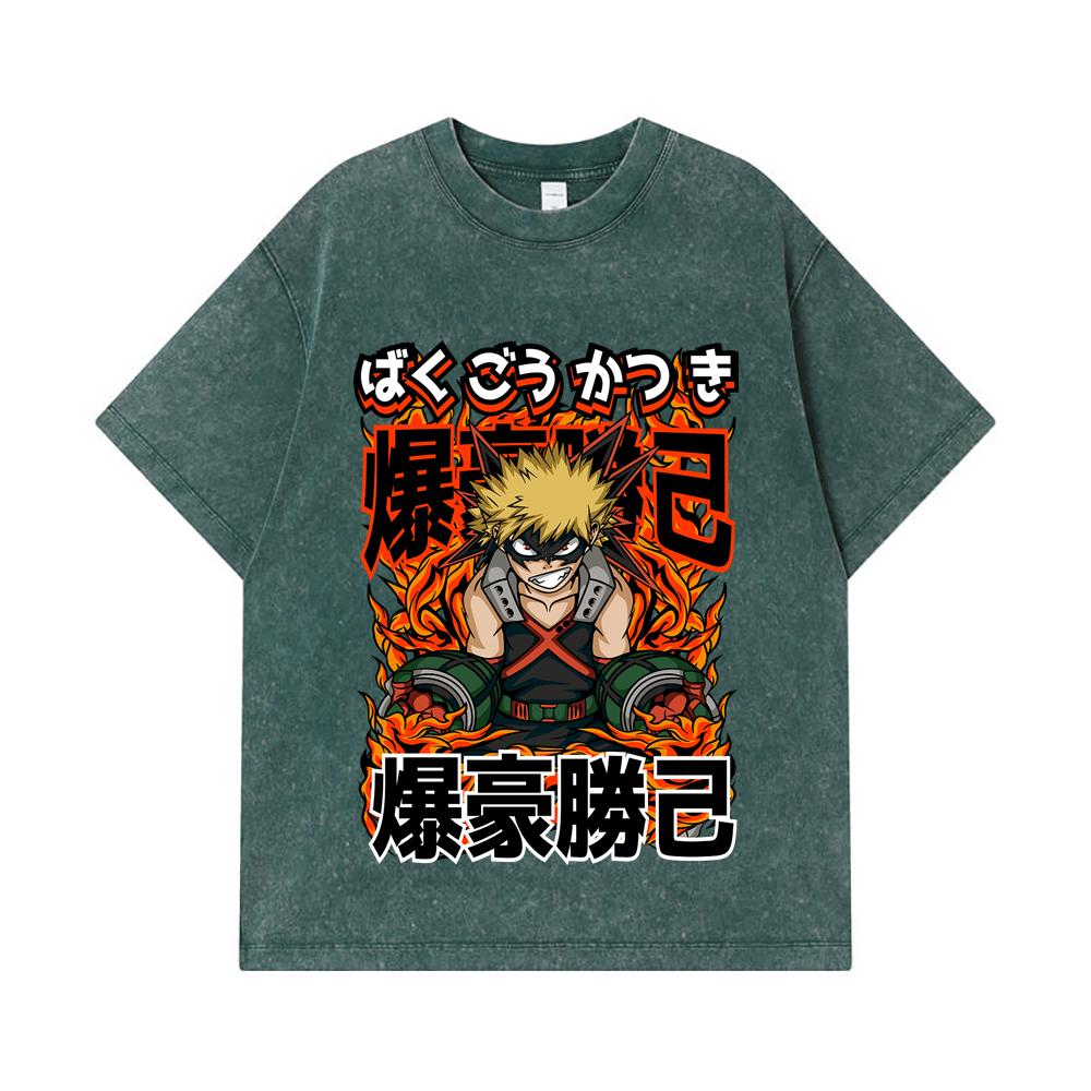 275 GSM Washed T-shirts 100% Cotton My Hero Academia V13 Bakugo Print Unisex Heavy Cotton T Shirt