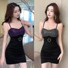 Spice Girl Sexy Low Chest Dress Club Sequins Splicing Waist Irregular Suspender Dress Women