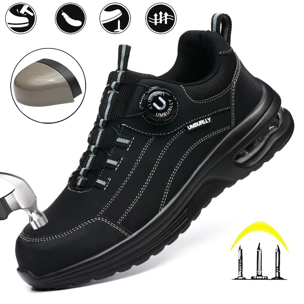 Men's Safety Work Boots Steel Toe Puncture Resistant Kevlar Midsole Air Cushion Black Button Style Industrial Construction Shoes
