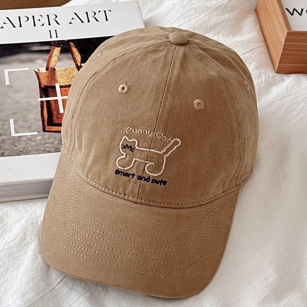 Breathable Cat Embroidered Cap Adjustable Cotton Peaked Hat Simple Sunscreen Baseball Cap  Outdoors