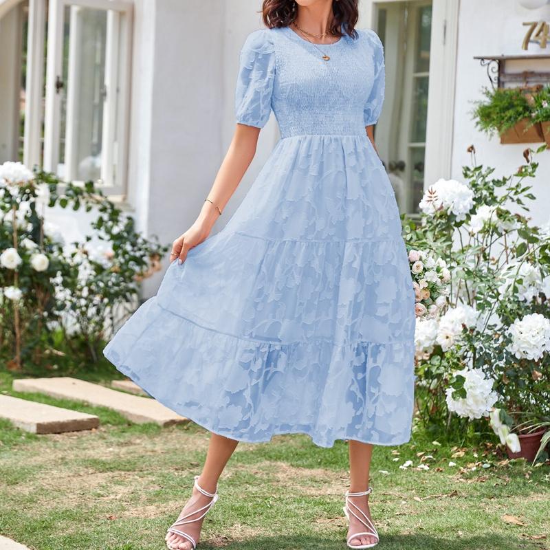 YYFS Women's Fashion Summer Spring Solid Color Print Short Sleeve O-Neck High Waist Casual Dresses