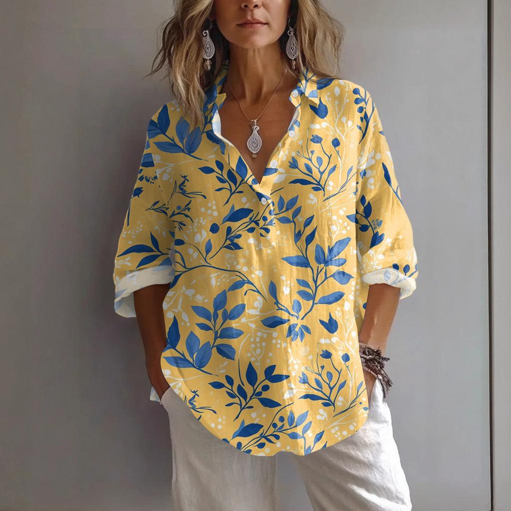 Women's Casual Spring And Summer Loose Printed Casual Sleeved Lapel Pullover Shirt