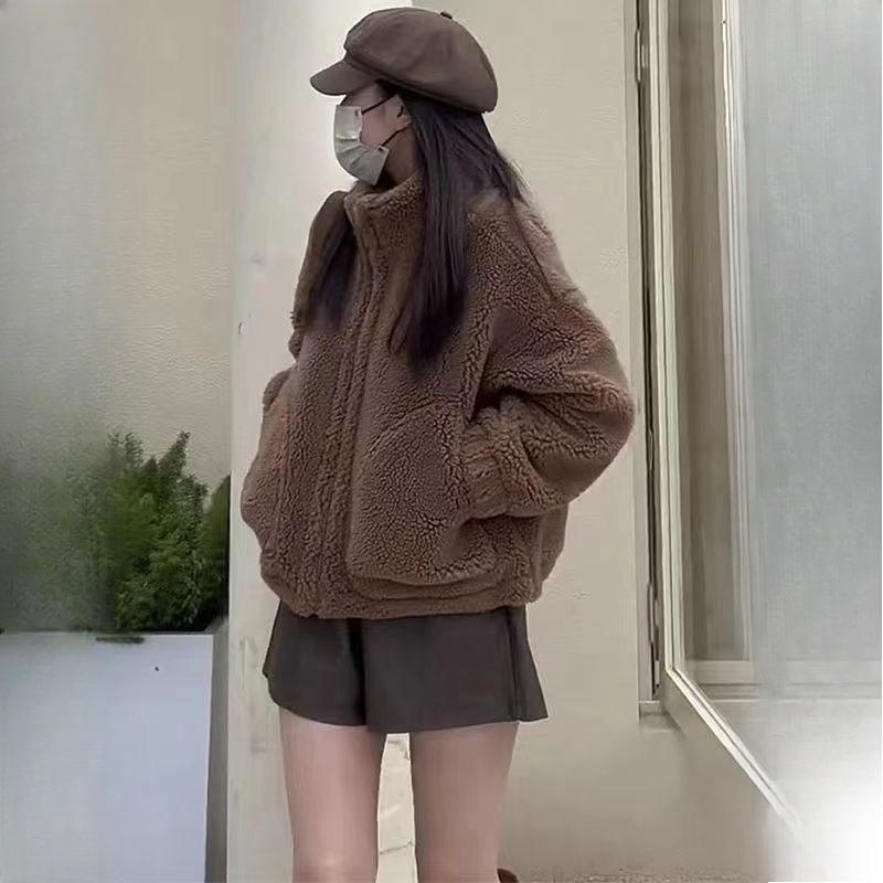 Sherpa Cardigan Stand Collar Jacket Women Winter Loose Lazy Style Basic Plush Thick Short Hoodie