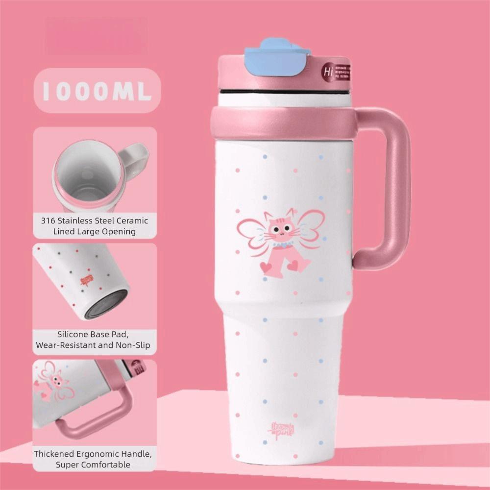 

with Handle and lids Thermal Water Bottle Cartoon Direct Drinking Cup Children Vacuum Cup Travel розовый