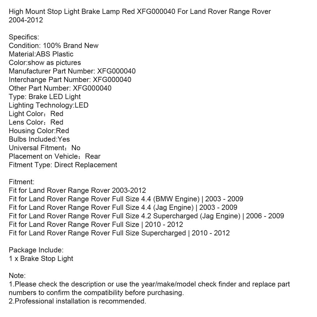 High Mount Stop Light Brake Lamp Red XFG000040 For Land Rover Range Rover