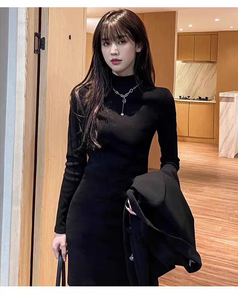 Petite Korean Style Black Spicy Girl Mid-Length Velvet Hip-Hugging Autumn/Winter Skirt Dress
