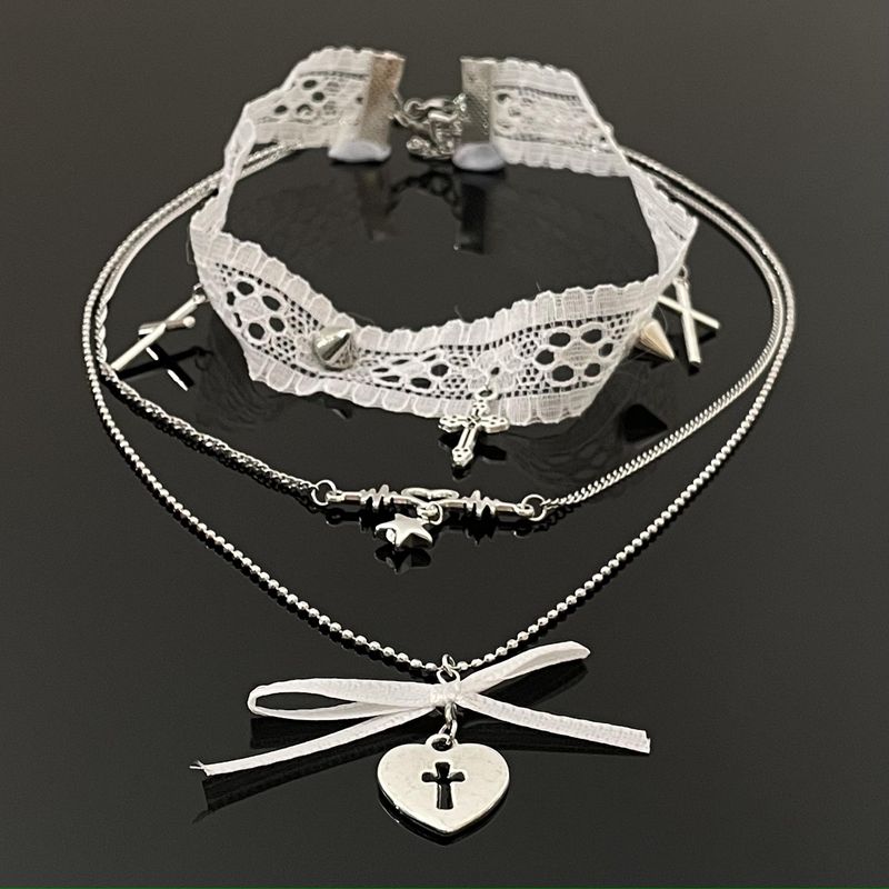 

Multi-Layer Chocker Neck Female Clavicle Chain Lace Lace Heart cross multilayer necklace
