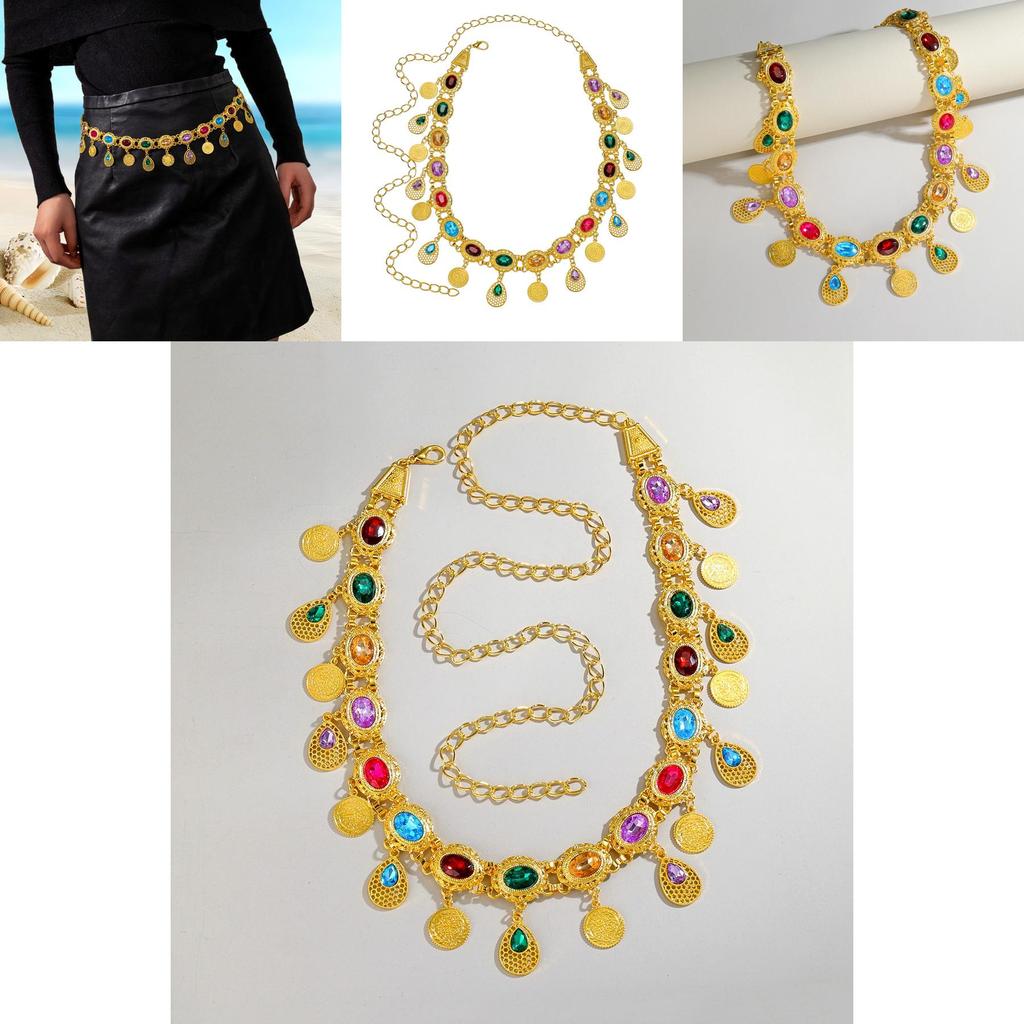 Arabic Jewelry Gold Alloy Acrylic Gem Waist Belt With Hollow Pattern For Ladies Summer Wear