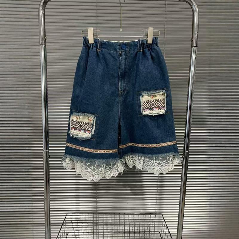 European Station Spring and Summer New Elastic Waist Patch Pocket Splicing Lace Lace Loose Denim Shorts Women S