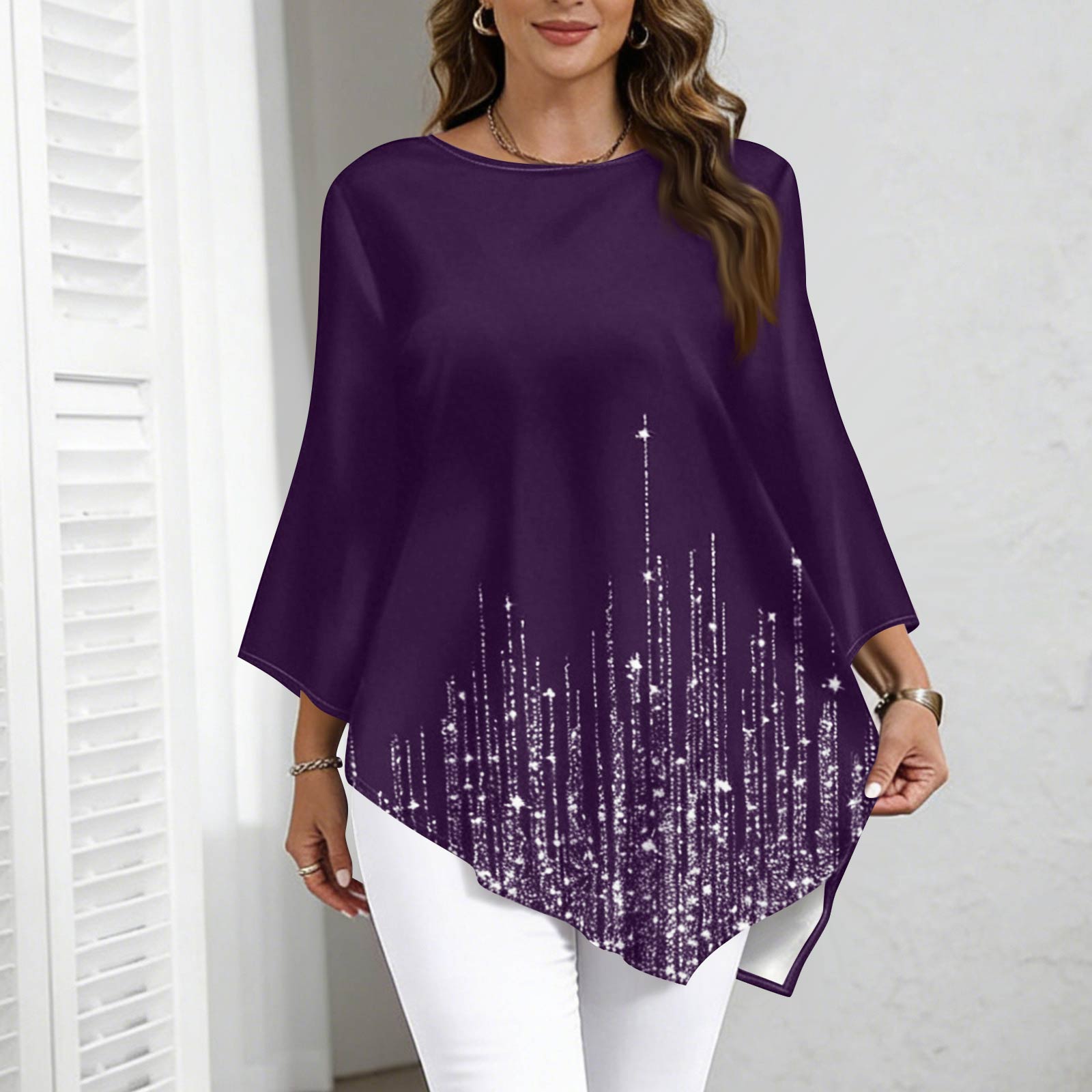 Women s Plus Size Fashionable Casual Loose Fit Three Quarter Sleeve Elegant Gradient Print Top XXXXL фиолетовый