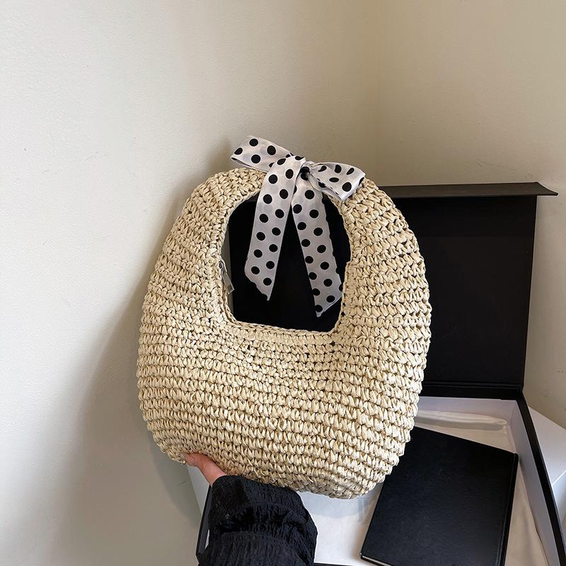 

Модная женская тканая сумка с бантом в горошек, пляжная сумка с лентой, летняя тканая сумка для отпуска на море, универсальная сумка-ведро через плечо 34x2x27cm бежевый