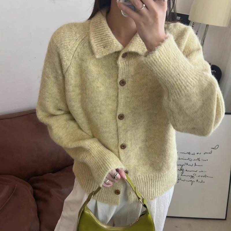 Lazy Single-breasted Solid-color Knitted Sweater Women's Cardigan Autumn and Winter Wear Loose and Thin Top Jacket