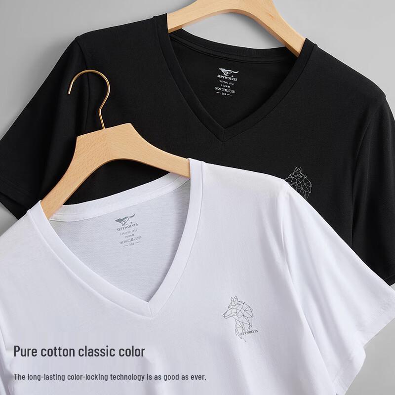 SEPTWOLVES Men's V-Neck 100% Cotton Wolf Print Short Sleeve T-Shirt