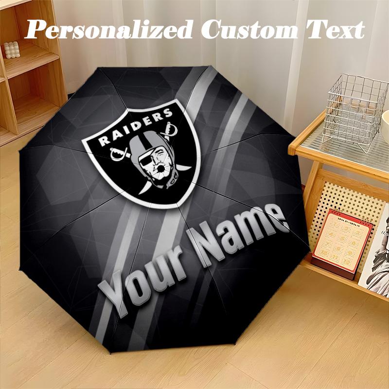 Las Vegas Raiders Automatic 8‑ribs Umbrella, Custom Name Text Personalized Folding Umbrella Rain Sun Gift