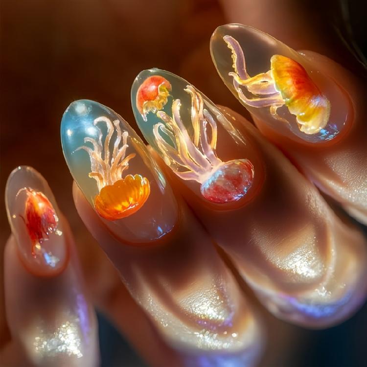 24Pieces Blue Ice Press On Nail Almond Shape False Nail With Transparent Finish For Student And Professional