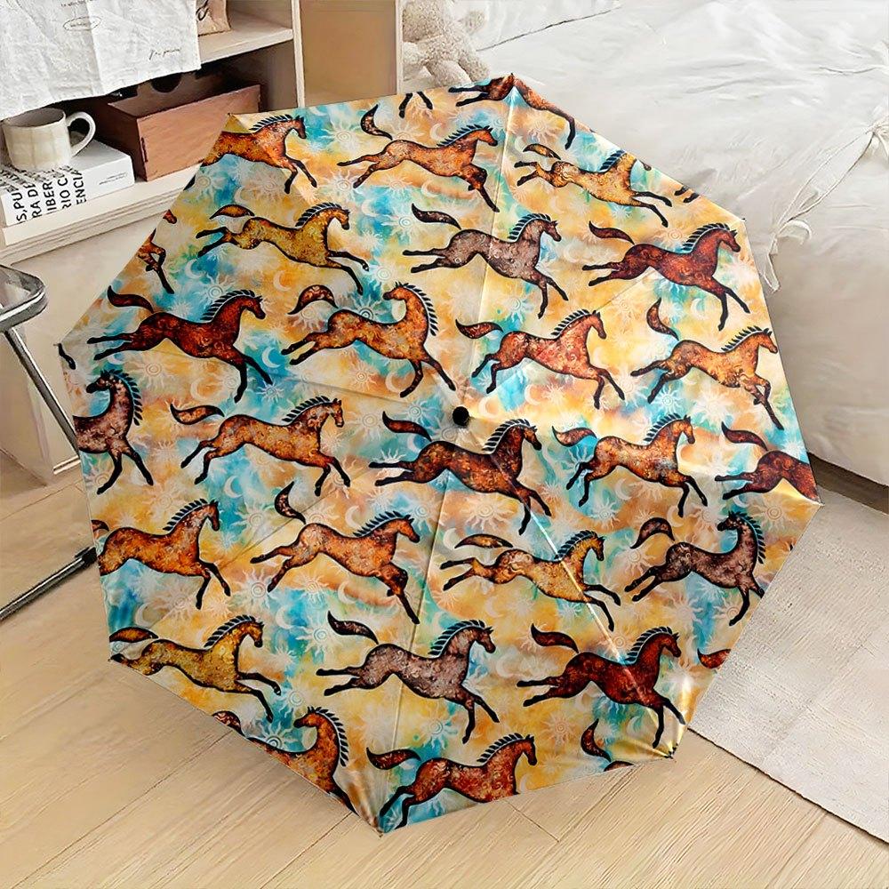

Folding umbrella Leaping horses pattern, vibrant sunset background. Creative portable folding umbrella for Christmas and other (as the picture,Iron&8K)