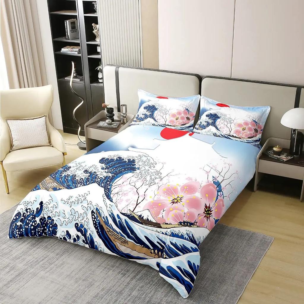 Japanese Landscape Duvet Cover Set for Teens Adults Queen Quilt Covers Lightweight Down 2 Pillowcases 1 Duvet Cover No Comforter