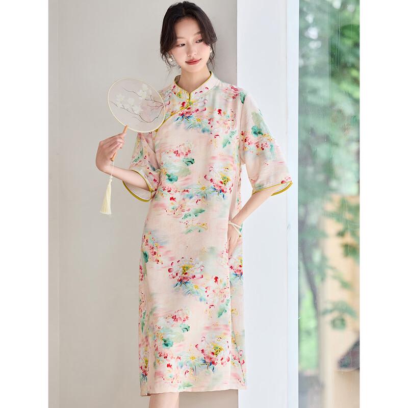 ORIGIN Women s Chinese Style Printed U-Neck Midi Dress M