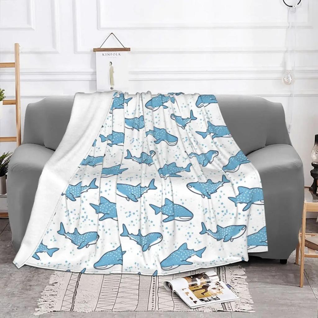 Manta polar con diseño de tiburones ballena estrellados, mantas de mar azul océano para cama, sofá, ropa de cama suave