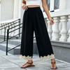Women High Waist Loose Fit Cotton Linen Pants with Elastic Waistband and Pockets Casual Wide Leg Trousers Embroidered Hem