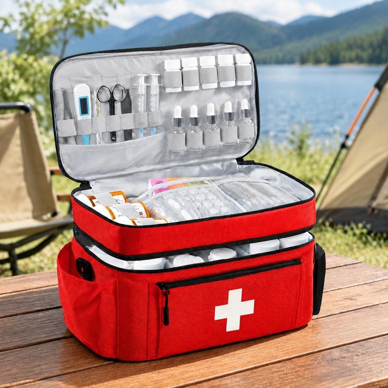 Compact travel first aid bag with dual compartments, large capacity, front organizer pocket, and multiple carrying styles