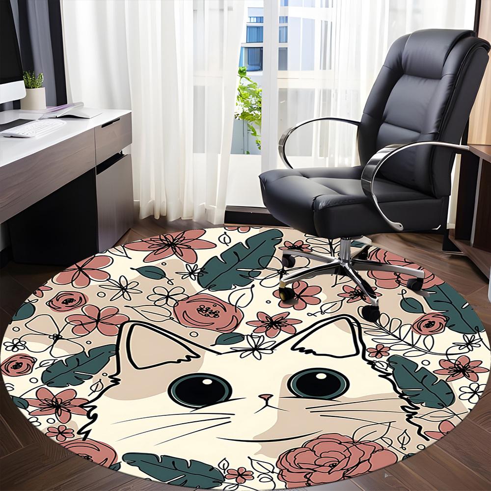 1pc Floral Cat Office Round Area Rug, Indoor Mat Suitable ForOffice, Under Office Chairs Bedroom Living Room Home Decor, Room Deco, D073