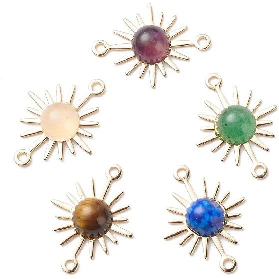 Ipotkitt 30 Pcs Natural Mixed Gemstone Connector Charms Sun Stone Charms Links Celestial Stone Charms for Jewelry Making DIY Craft Findings